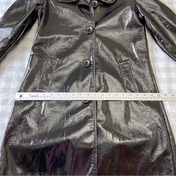 BB DAKOTA black trench coat glossy 60’s 70’s faux patin leather jacket med - Picture 15 of 16